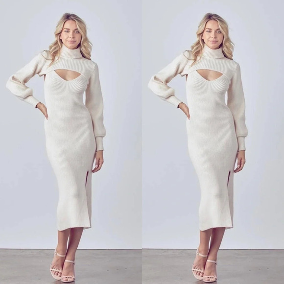 Fore Dresses & Skirts - NWT Turtleneck Two-Piece Midi Knit Sweater Dress, Cream, Medium
